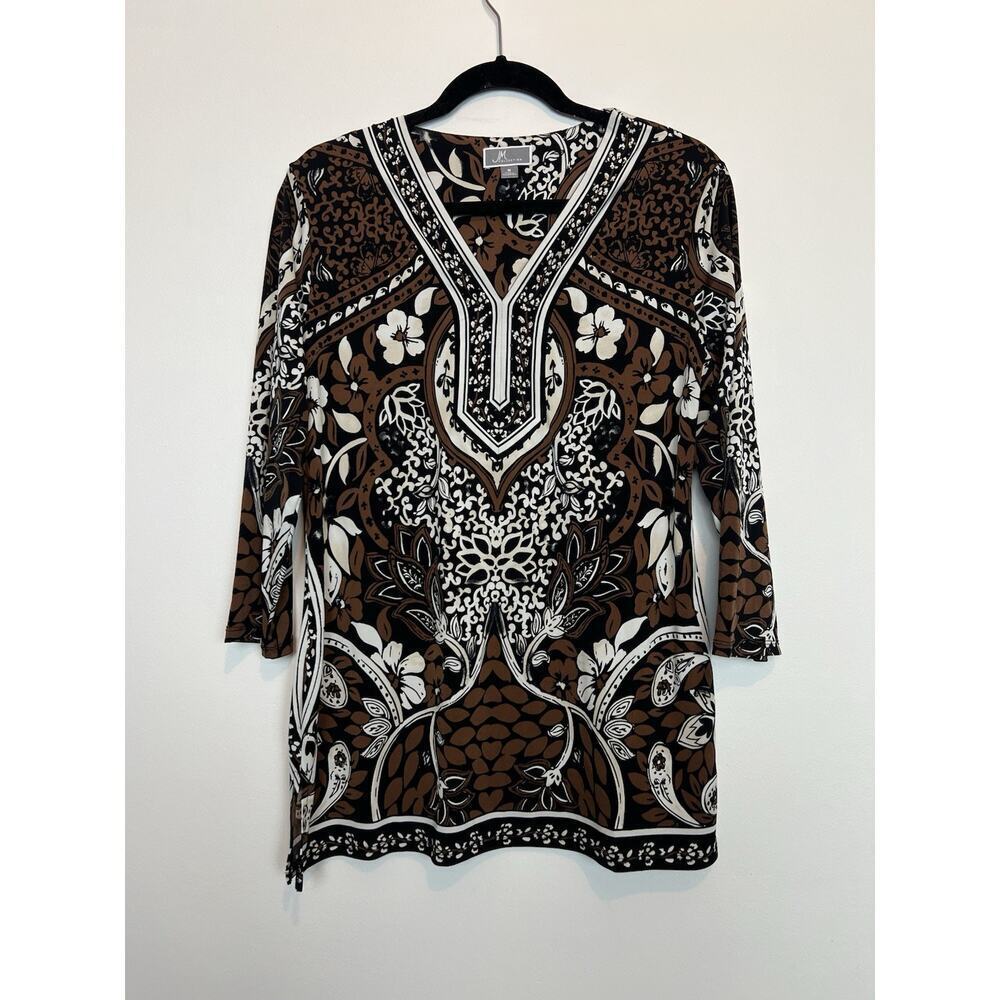 JM Collection v neck stretch tunic blouse rhinestone detail MD tropical floral